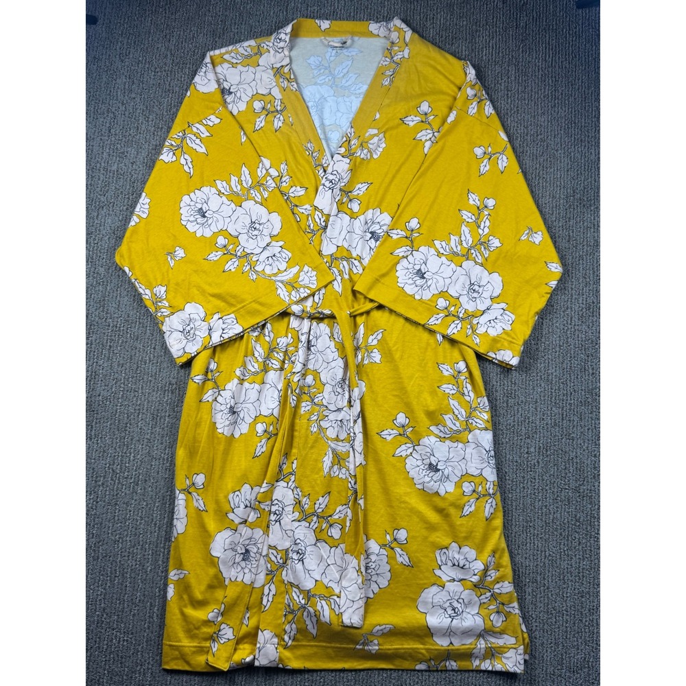 Garnet Hill Asian Wrap Organic Cotton Kimono Robe Womens XL Yellow White Floral